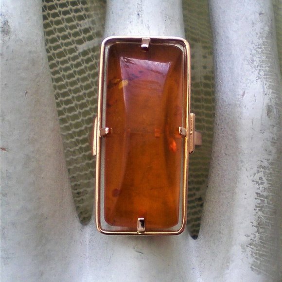 Russian Russia USSR 14K 585 Rose Pink Gold Baltic Honey Amber Cocktail RING - Picture 4 of 11